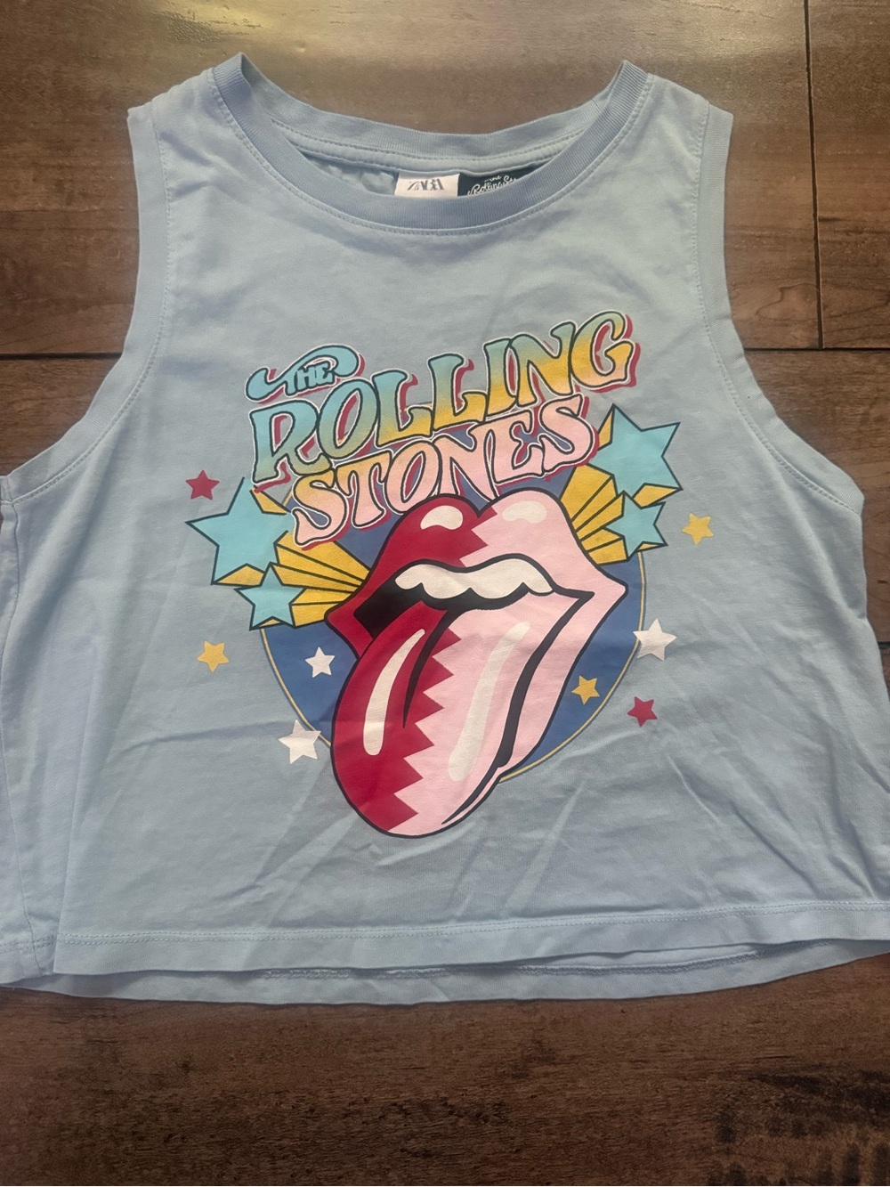 Zara NWOT The Rolling Stones Graphic Crop Tank Top - Light Blue